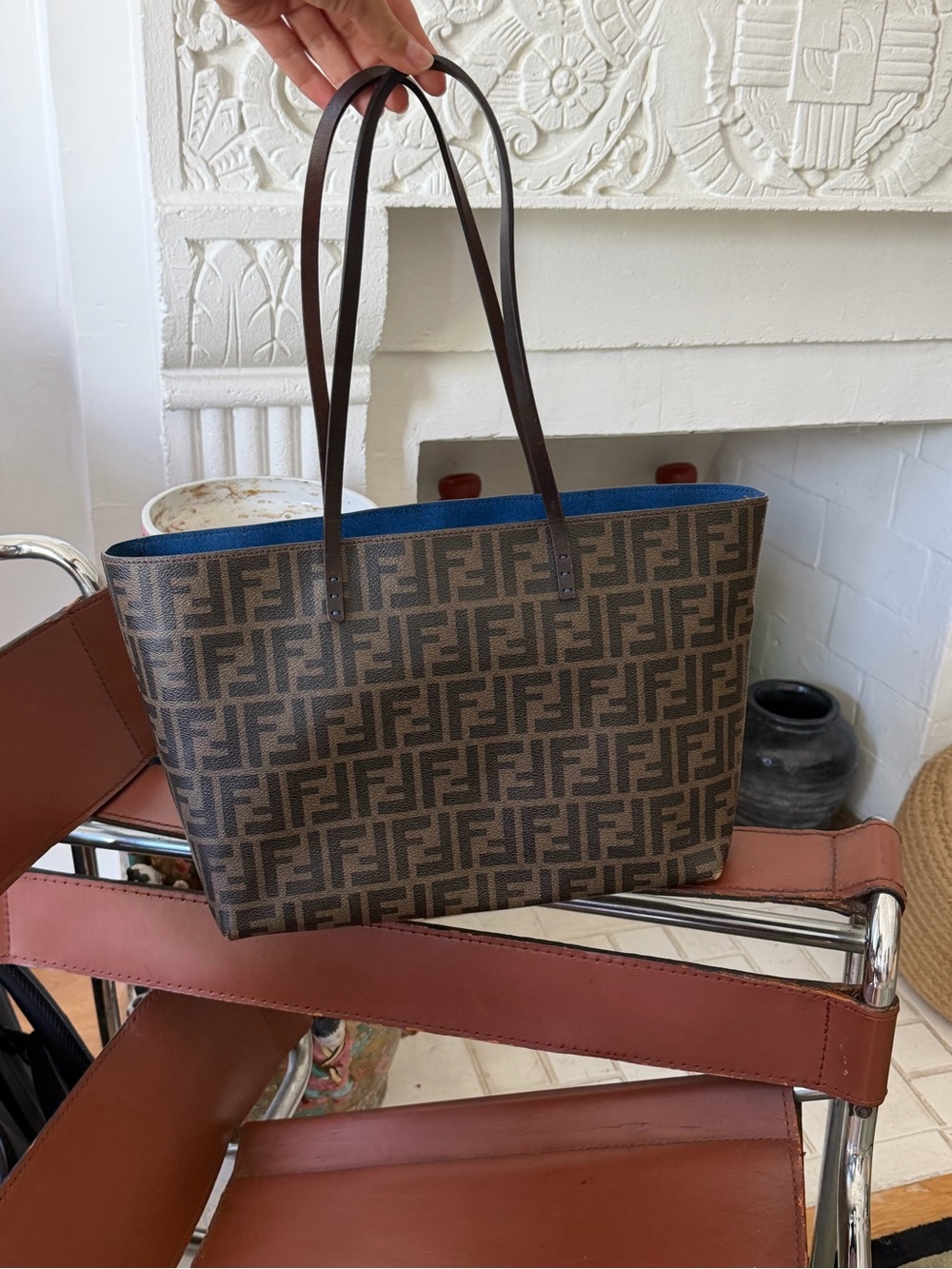 Fendi Monogram Tote Bag with Blue Trim